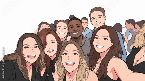 Group of friends having fun and taking a selfie at a party in a lively setting late at night