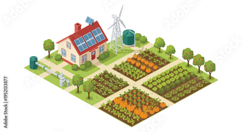 Sustainable Farm Illustration: A harmonious blend of sustainable technology and agriculture. Illustrated farm featuring solar panels, wind turbine, and vibrant vegetable plots.