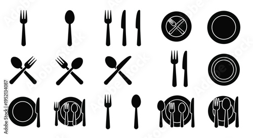 Cutlery Collection: A comprehensive compilation of minimalist cutlery icons, meticulously designed to convey various dining settings and utensil configurations. 