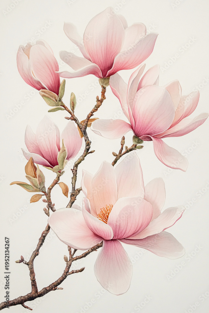 Fototapeta premium A Beautiful Botanical Illustration of Pink Magnolia Blooms