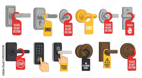 Do Not Disturb Signs Collection: A comprehensive compilation of hotel door signs and handles, showcasing diverse styles and messages of privacy and service.