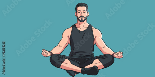 Man sits in meditation position with eyes closed on blue background during the daytime