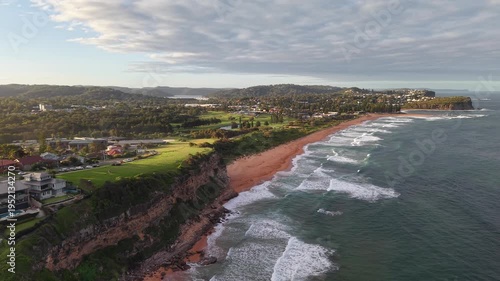 Aerial View of Warriewood Beach and Coastal Cliffs, Northern Beaches Sydney NSW Australia at Golden Hour