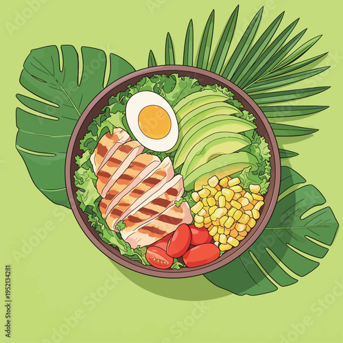 Healthy chicken salad bowl with avocado, corn, and boiled egg on a green background in a simple presentation
