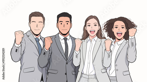 Group of four people celebrate after achieving a goal in a business setting during the daytime in a bright environment