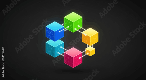 Abstract 3D colorful connected cubes representing data network, blockchain, or complex system relationships on a dark black background.
