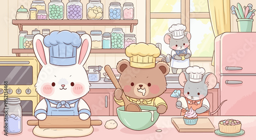 Happy anthropomorphic animal chefs, a bunny, a bear, and two mice, happily cooking and baking together in a warm, cheerful kitchen setting.