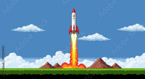 Powerful rocket launching with fiery thrust over a green mountainous landscape under a bright blue sky with white clouds, symbolizing ambition and dramatic ascent