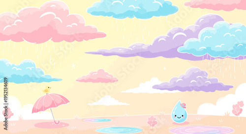 Whimsical and cheerful rainy day scene with pastel colored clouds, falling raindrops, a cute bird under a pink umbrella, and a friendly raindrop character, conveying a sweet mood