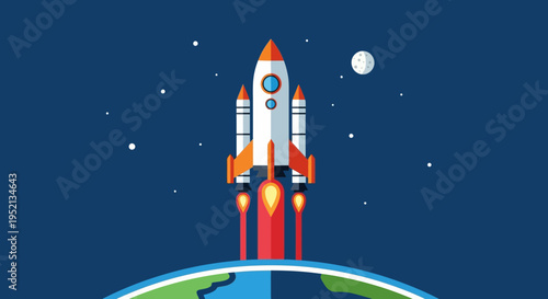 Powerful rocket launching from Earth into the vast outer space, with the Moon and stars in the dark blue night sky, symbolizing ambition and cosmic exploration