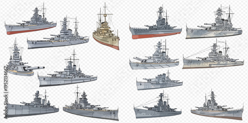Collection of various historical warships and battleships for naval warfare illustrations.