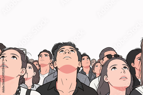 Crowd of people looking up with curiosity at an event in an urban area during day time