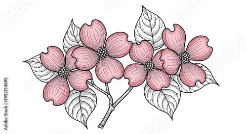 Delicate Floral Flourish: Intricate close-up of pink dogwood blooms and foliage. Highlighting the detail of this floral design. 