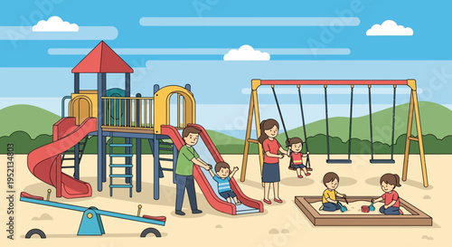 Joyful family playing together at a sunny outdoor park playground, with parents supervising children on the slide, swings, and sandbox, creating a happy scene