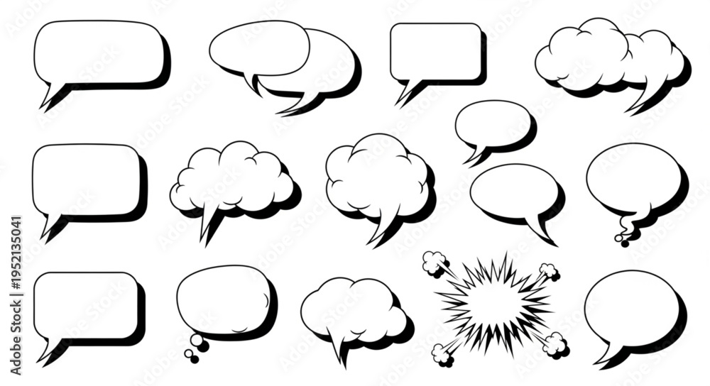 Fototapeta premium Collection of speech bubbles and thought bubbles in various shapes.