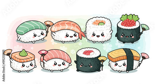 Cute cartoon sushi characters, including nigiri and maki rolls, with happy faces on a soft watercolor background, vector illustration.