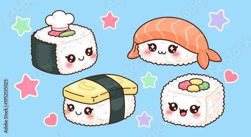 Two cute cartoon sushi characters, a salmon nigiri and a maki roll, smiling on a bright blue background with pink and white stars.