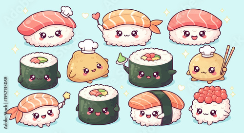 Adorable cartoon sushi characters smiling cheerfully on a bright blue background with white stars, vector illustration.