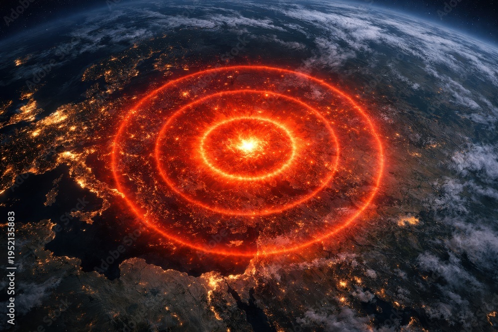 Obraz premium Cosmic galaxy explosion with vibrant red spiral over Earth atmosphere in space