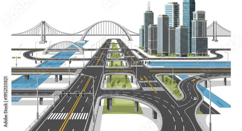 Complex urban transportation network with bridges and skyscrapers.