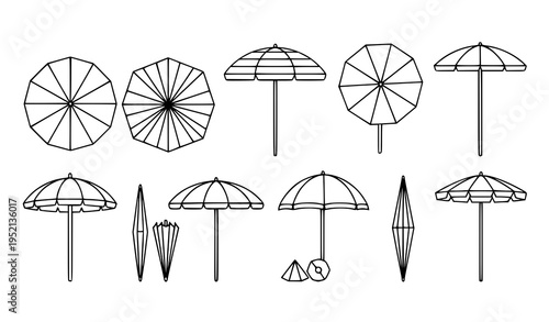 Beach umbrella line art set black and white parasol icons vector illustration