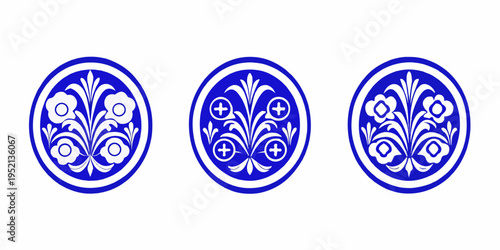 Three blue and white oval designs featuring floral and cross motifs