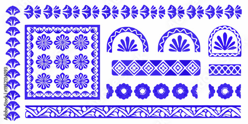 Collection of intricate blue and white decorative floral and geometric patterns