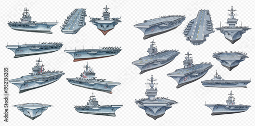 Set of aircraft carriers in various perspectives, military warships for naval defense and air power projection.