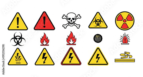 Collection of Warning Hazard Symbols and Danger Signs.