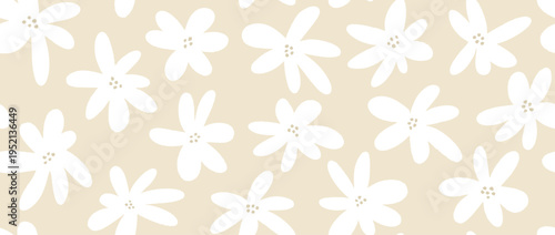 Beige white flower seamless pattern background. Cute hand drawn floral repeated wallpaper. Romantic blossom motif for textile print, fabric swatch, dress ornament, wrapping paper. Vector 