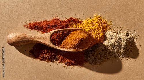 Ras el hanout spice blend in wooden scoop on brown surface