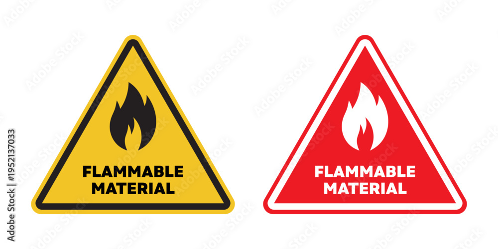 Obraz premium Flammable gas 2 signs icon set. explosive danger gas safety vector symbol sticker. oxygen tank fire warning pictogram in red, yellow, and black color.