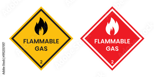 Flammable gas 2 signs icon set. explosive danger gas safety vector symbol sticker. oxygen tank fire warning pictogram in red, yellow, and black color.