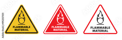 Flammable gas 2 signs icon set. explosive danger gas safety vector symbol sticker. oxygen tank fire warning pictogram in red, yellow, and black color.