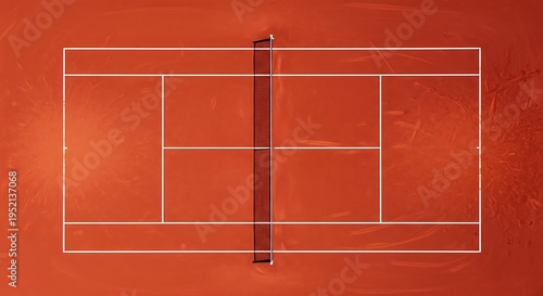 Top-down perspective of an empty orange clay tennis court with white boundary lines and central net
