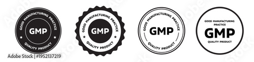 GMP (Good Manufacturing Practice) certified icon. Green color rounded symbol logo on transparent background, vector illustration.