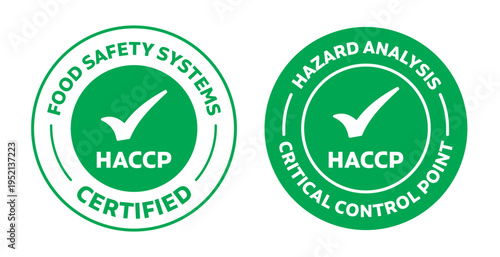 HACCP certified icon, HACCP icon emblem, Food safety system round stamp, two HACCP green color isolated vector logos with checklist symbol. HACCP quality badge illustration.