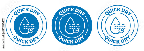 Icon set of the quick dry. Water drope with wave and clock sign in blue color. vector illustration