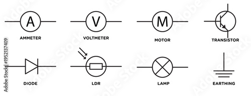 Icon set of Ammeter, voltmeter, motor, transistor, diode, ldr, lamp, earthing