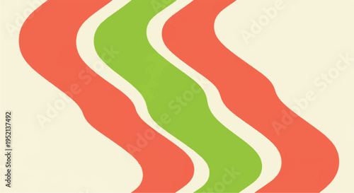 Retro wavy stripes pattern in vibrant coral and lime green on a cream background, evoking a 60s or 70s psychedelic aesthetic for design projects.
