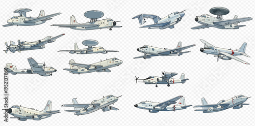 Collection of various military aircraft, including reconnaissance planes, fighters, and transport planes, on a transparent background.