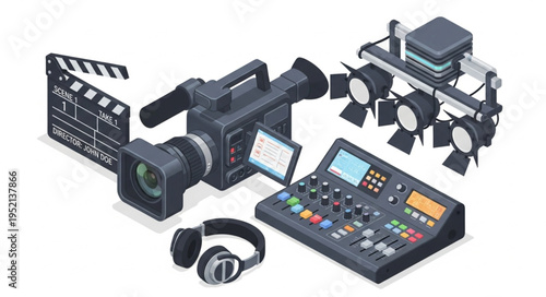 Video production equipment set for filmmaking and broadcasting.
