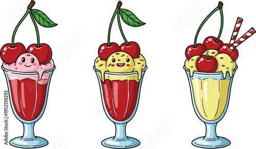 Cartoon ice cream sundaes, cute dessert characters, smiling faces, cherry topping, colorful vector art, playful food illustration, glass cups, summer sweets, emoji style