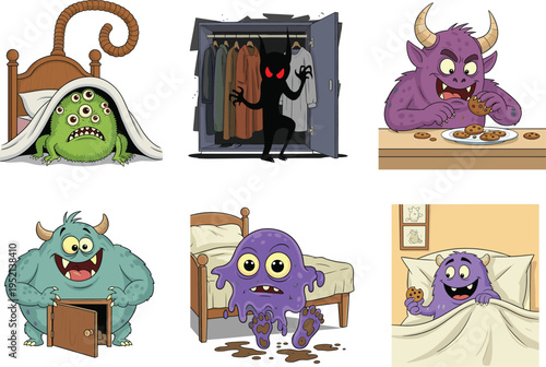 Cartoon monsters hiding under bed, spooky creatures in closet, eating cookies, funny and scary characters, perfect for Halloween design, kids fantasy illustrations