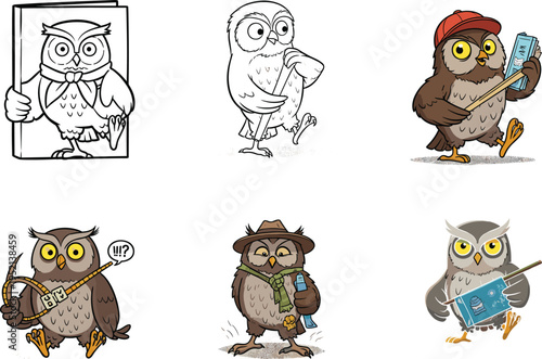 Cartoon owl characters, explorer, engineer, scholar, miner, tech-savvy, forest ranger, vector illustration for professions, adventure, education, humor, design, diversity