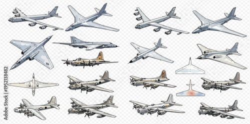 Collection of vintage military aircraft illustrations, including bombers and fighter jets, on a transparent background.