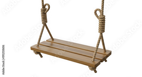 A classic wooden swing hanging from two sturdy metal chains on a rustic frame