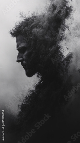 Conceptual portrait of a man's profile turning to dust