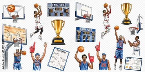 Basketball game elements set with players, hoops, scoreboards, and trophies for sports design.