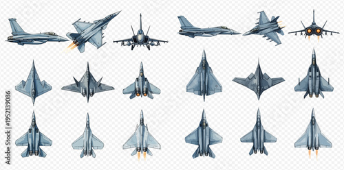 Collection of various modern military fighter jets and warplanes in different views, vector illustration set.